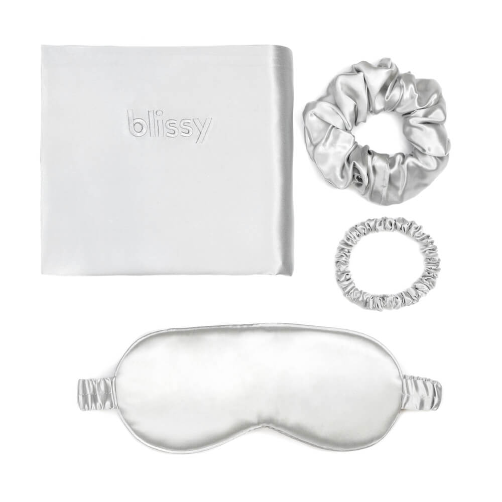 Blissy Silver Dream Sleep Set Mulberry Silk Pillowcase, newest Eye Mask, Scrunchies