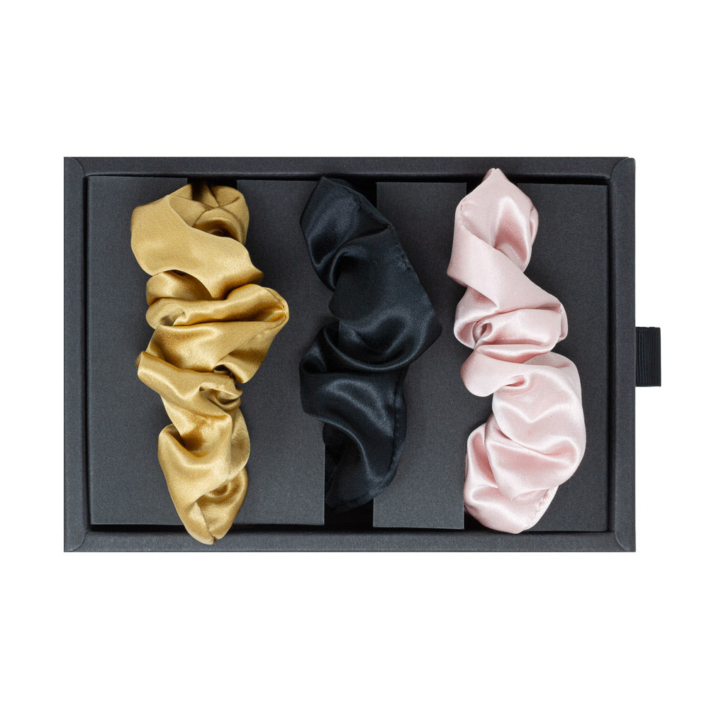 Blissy 100% Silk Scrunchies - Black, Gold, Pink - 100 