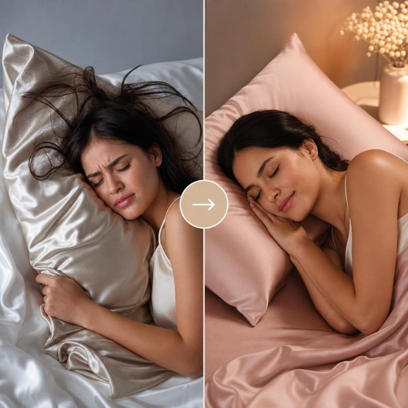 Woman sleeping comfortably on a soft silk pillowcase, showing how a smooth surface can support better sleep