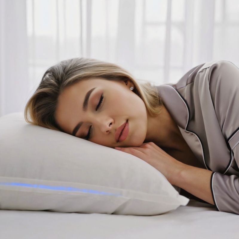 Side sleeper resting on the Blissy Adjustable Pillow with glowing ergonomic support, designed to reduce neck and shoulder pain for deeper sleep in 2025