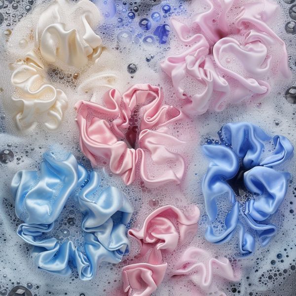 How to wash scrunchies safely by fabric type, featuring satin scrunchies soaking in gentle soapy water