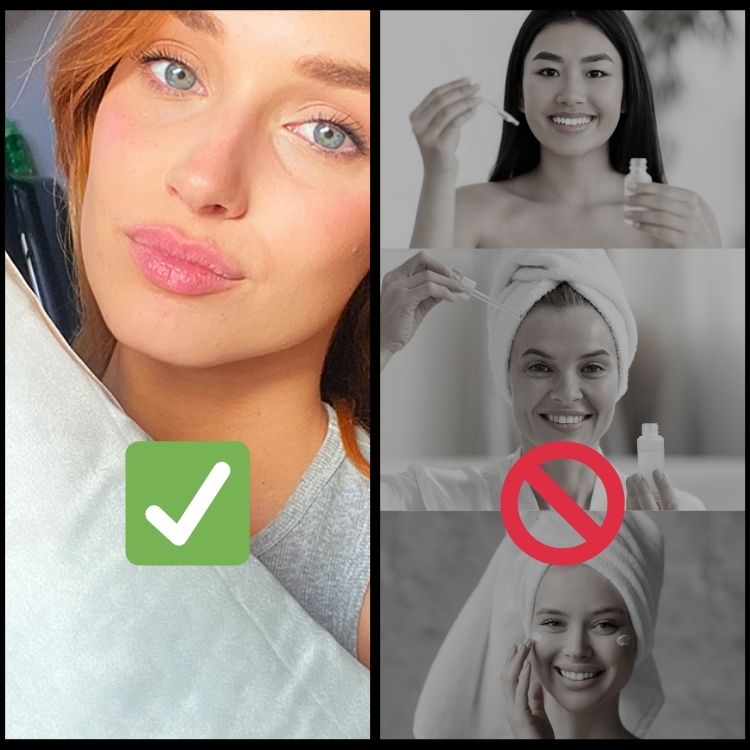 Woman resting on pure mulberry silk pillowcase versus skincare routine comparison
