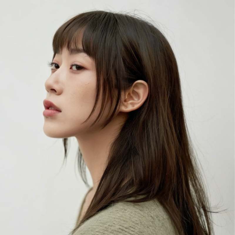 Asian woman with shoulder length hair and wispy bangs showcasing a trendy asian hairstyle for women