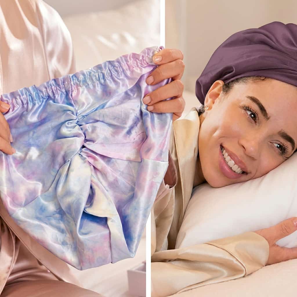 Person holding a colorful sleep cap beside a woman wearing a bonnet in bed, highlighting adjustable bonnets