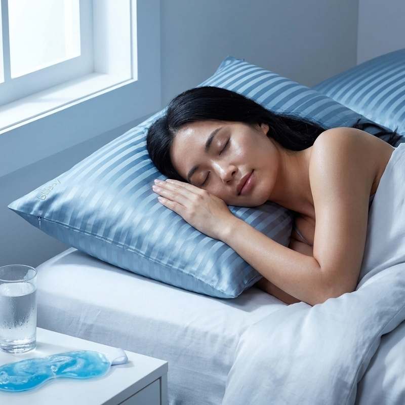 Woman sleeping soundly on a blue Blissy cooling silk pillowcase, experiencing deep restful sleep and a cool, comfortable sleep experience through the night
