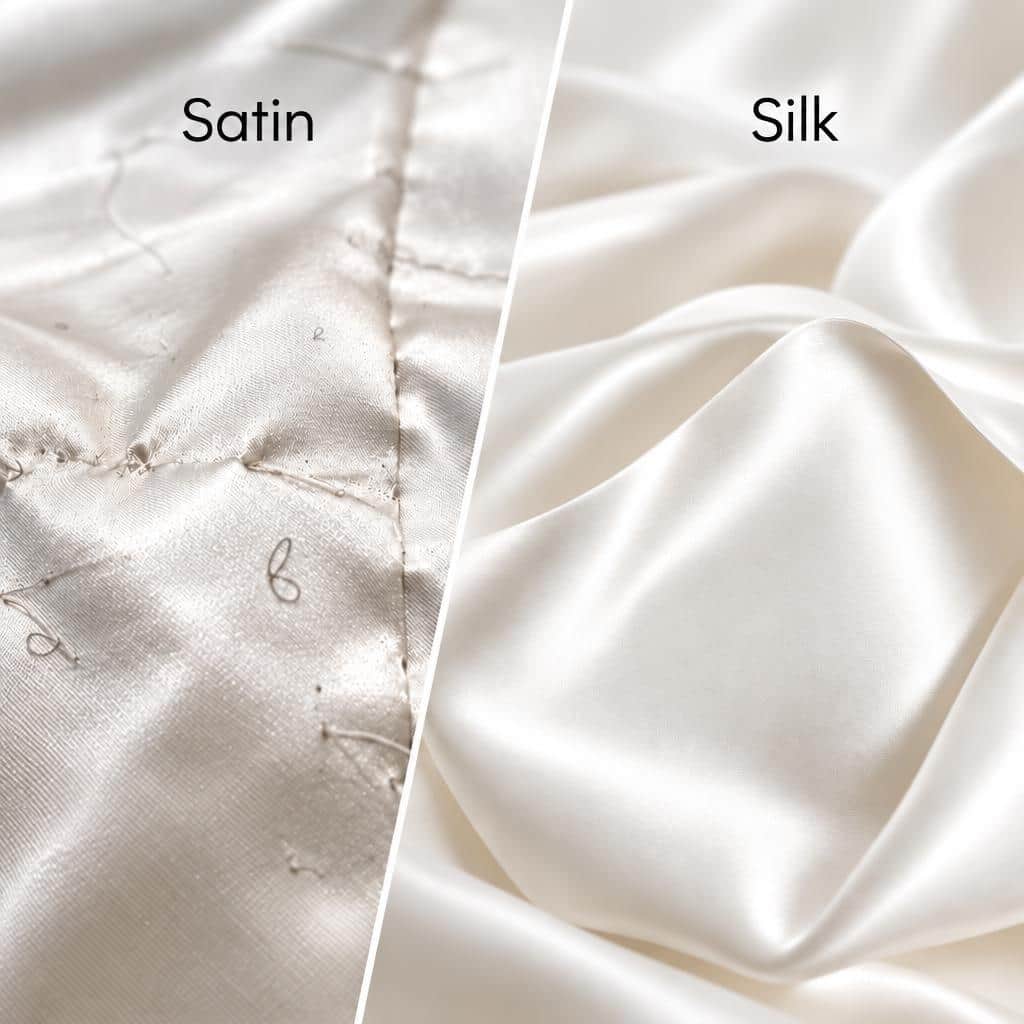 Silk vs satin pillowcase fabric compared side by side: snagged, pilling white satin with loose threads beside smooth, lustrous ivory silk