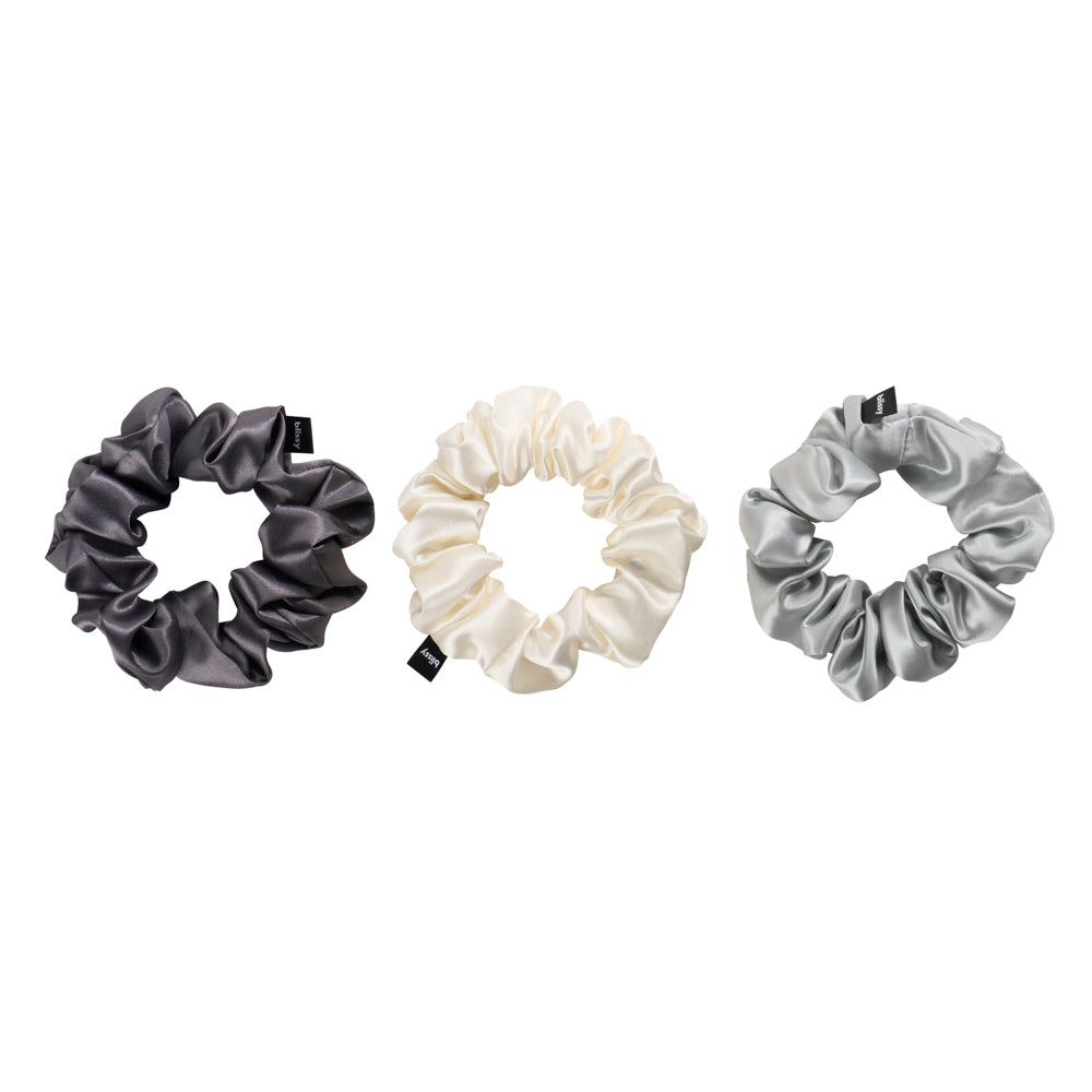 White, Gray, Silver Blissy Scrunchies Close-Up – Blissy 22 Momme Silk