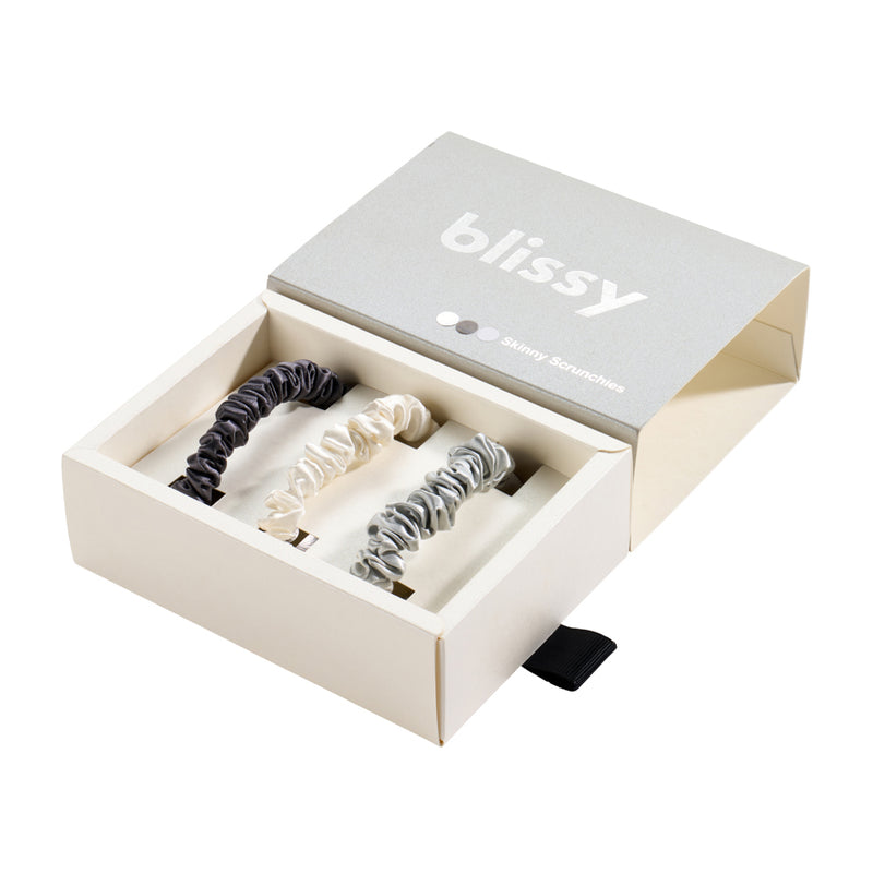 Blissy Skinny Scrunchies - White, Gray, Silver - Blissy White, Gray, Silver Blissy Skinny Scrunchies – 22 Momme Mulberry Silk, 100% Silk
