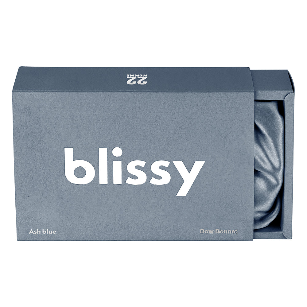 Ash Blue Blissy Bow Bonnet Close-Up – Blissy 22 Momme Silk