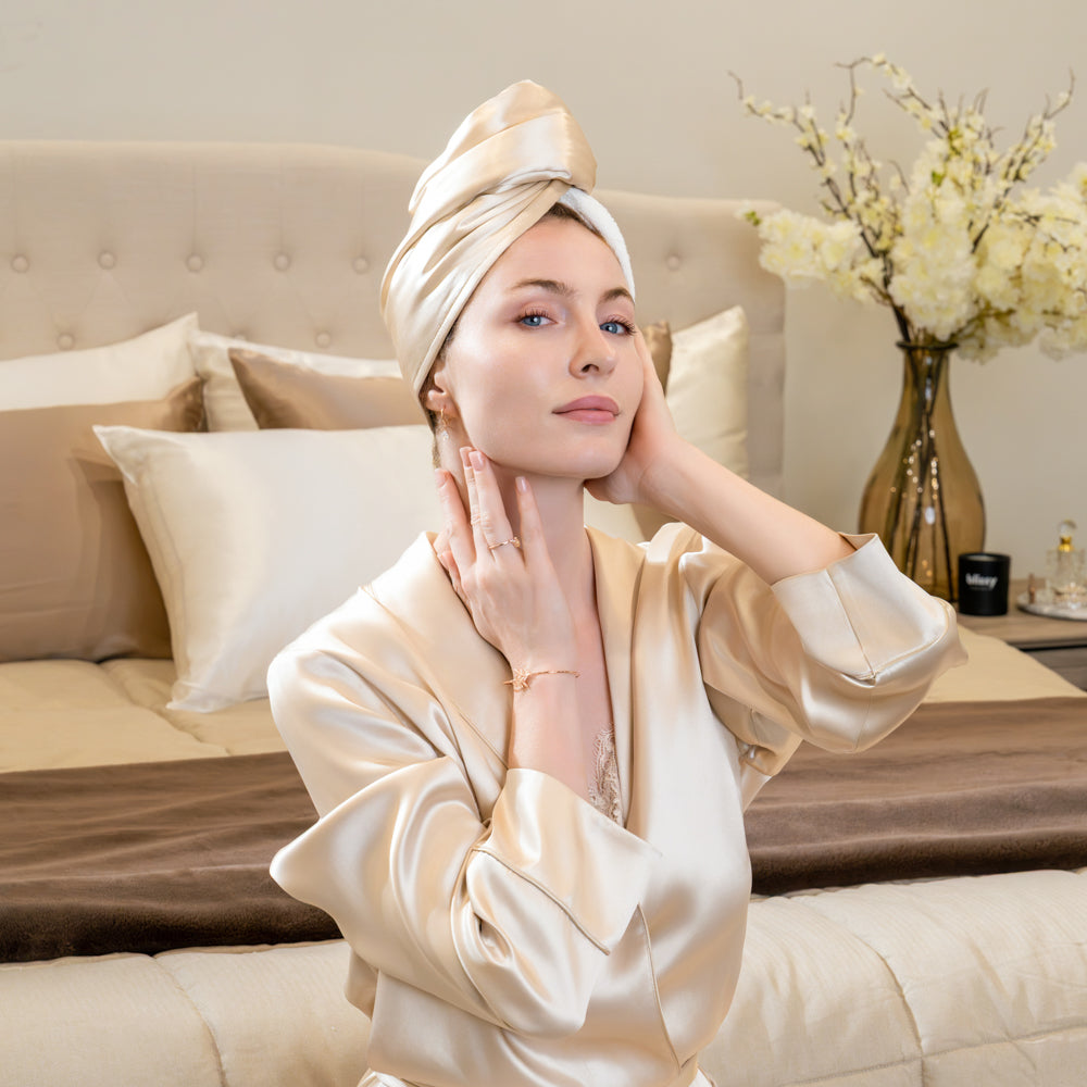 Blissy Champagne Reversible Towel – 22 Momme Mulberry Silk, 100% Silk – Lifestyle