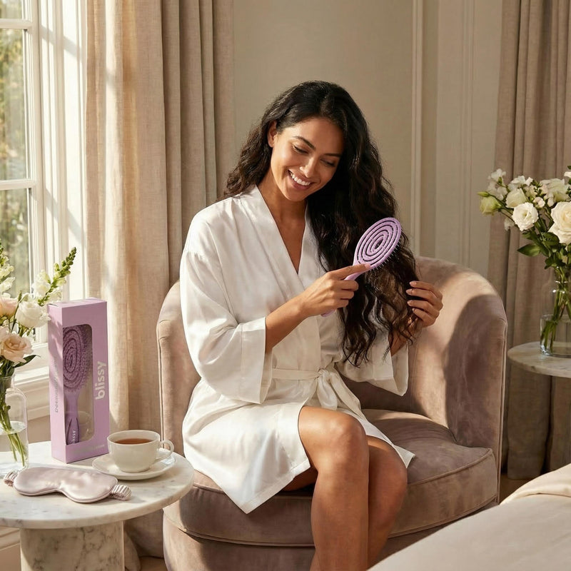 Lavender Blissy Detangling Brush Close-Up – Blissy 22 Momme Silk