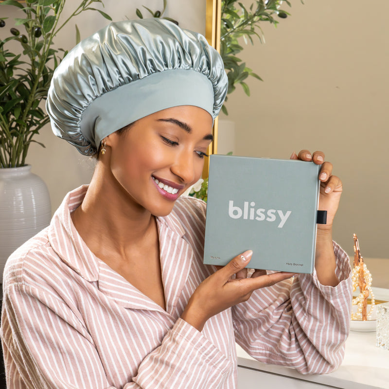 Blissy Halo Bonnet - Matcha - Blissy Matcha Blissy Halo Bonnet Lifestyle – Mulberry Silk