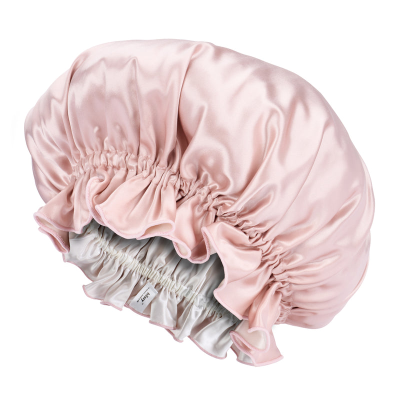 Blissy Pink/White Ruffle Bonnet – 22 Momme Mulberry Silk, 100% Silk