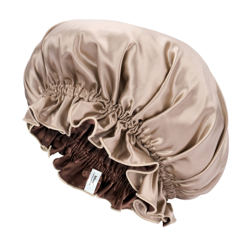 Blissy Taupe/Chocolate Ruffle Bonnet – 22 Momme Mulberry Silk, 100% Silk