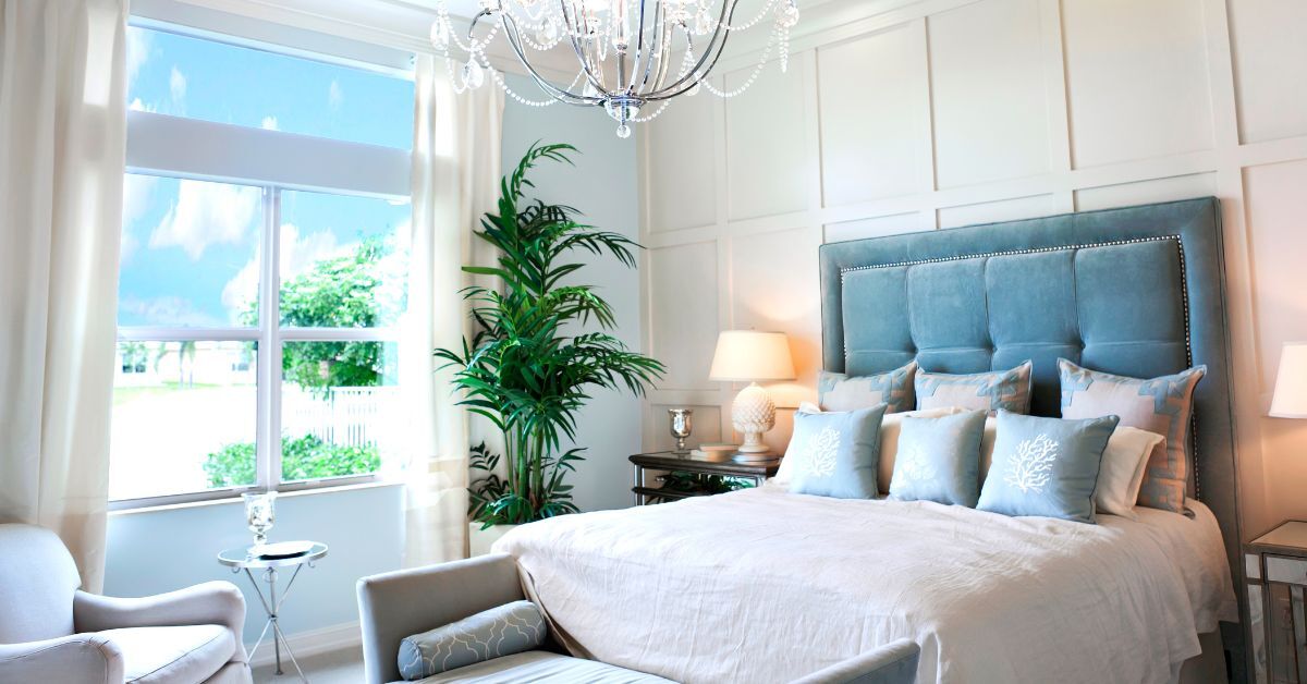 Cozy, elegant, classy blue, royal fantasy bedroom, winter day