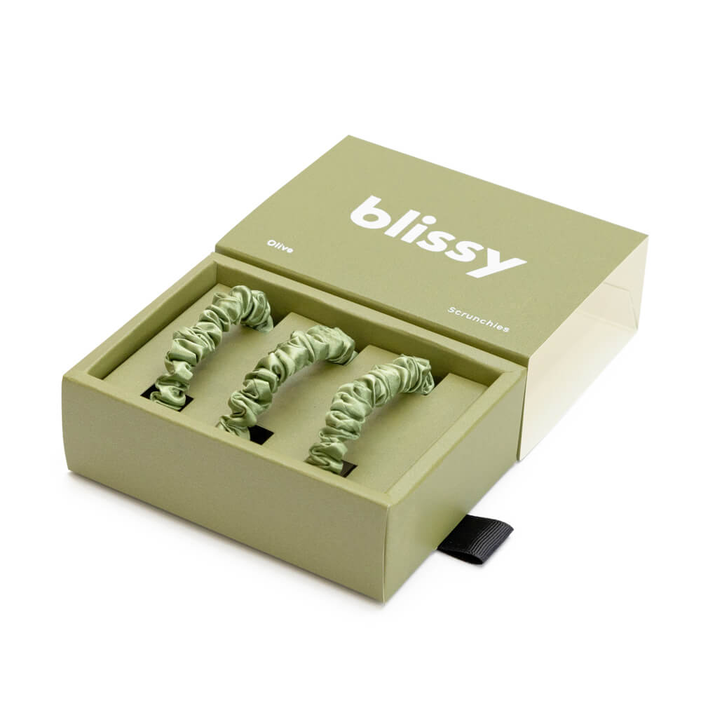 Blissy Olive Blissy Skinny Scrunchies – 22 Momme Mulberry Silk, 100% Silk