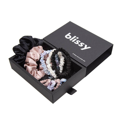 Blissy Scrunchies 9-Piece Set - Black, White, Pink, Tie-Dye