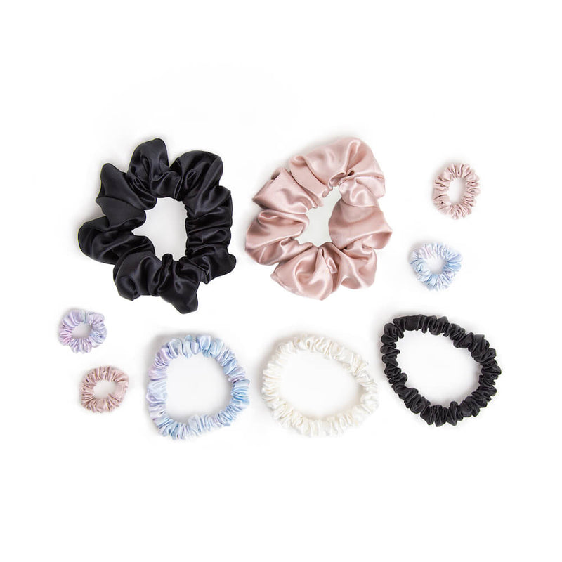 Blissy Scrunchies 9-Piece Set - Black, White, Pink, Tie-Dye