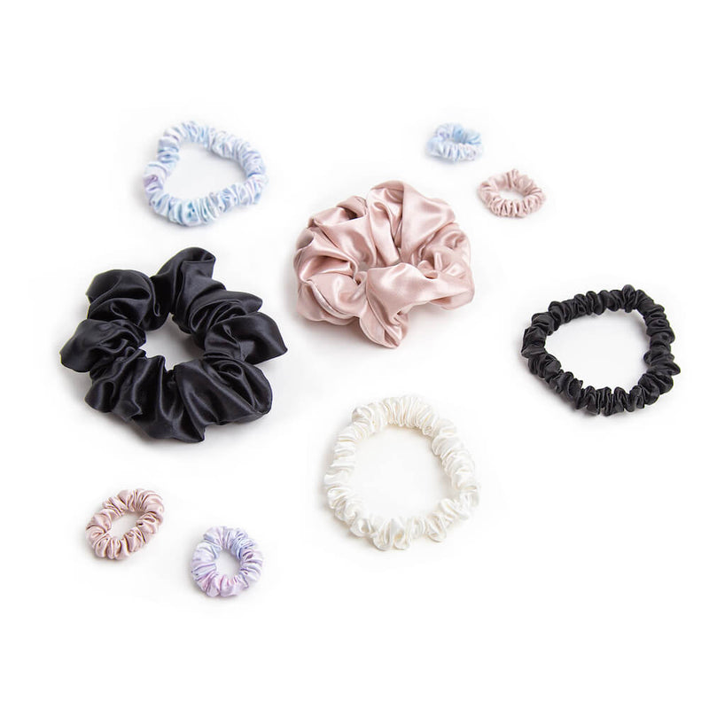 Blissy Scrunchies 9-Piece Set - Black, White, Pink, Tie-Dye