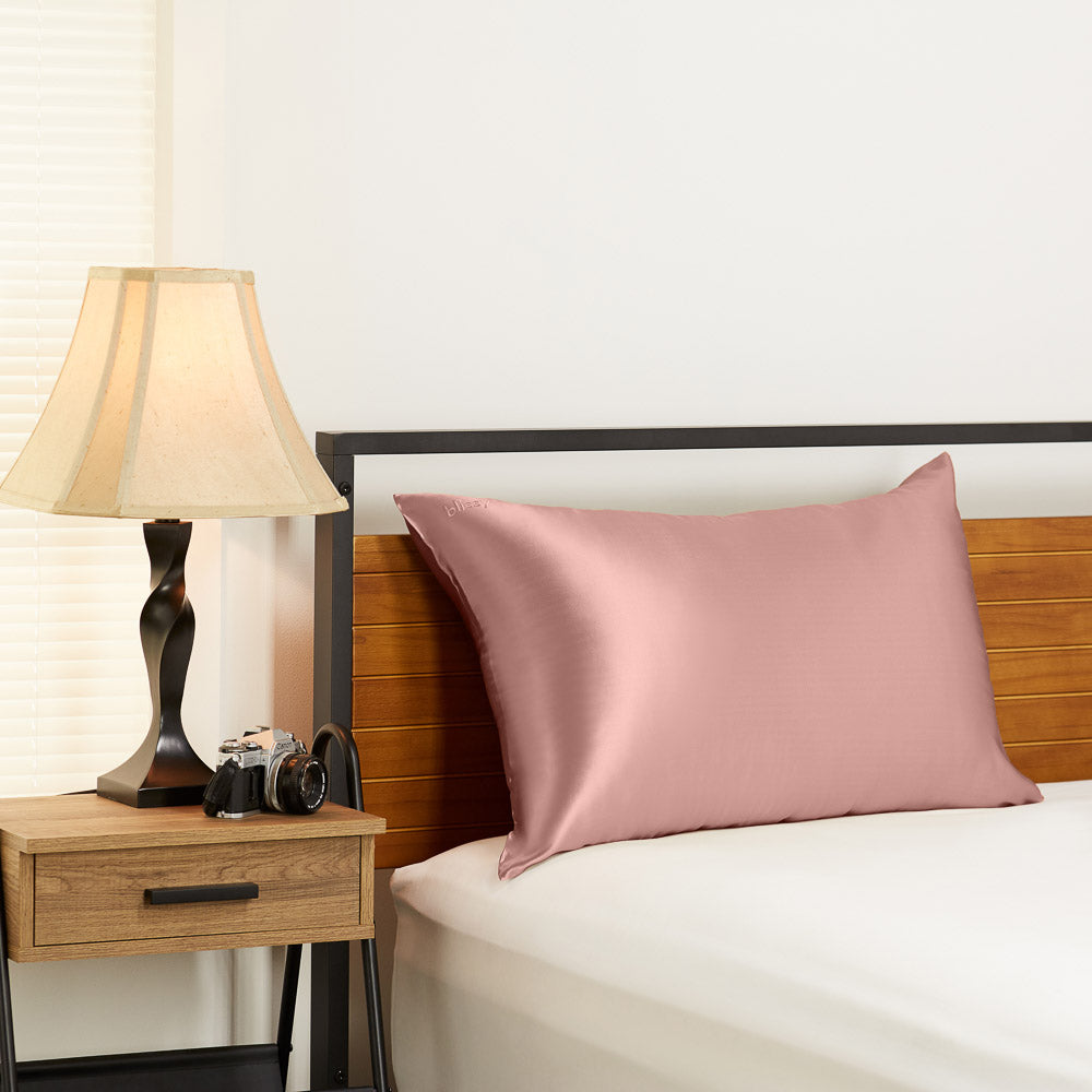 Blissy Standard Rose Gold Pillowcase Lifestyle – Mulberry Silk