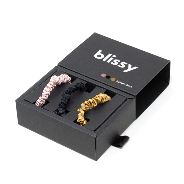 Blissy 100% Silk Scrunchies - Black, Gold, Pink - 100% Mulberry Silk