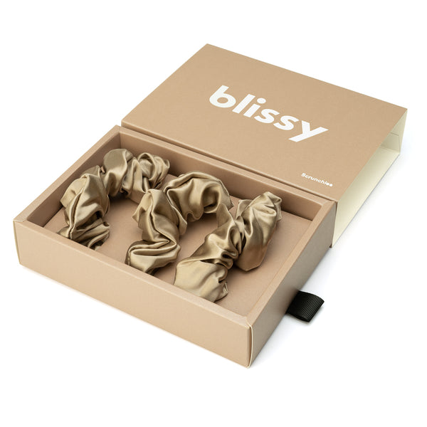 Blissy Taupe Blissy Scrunchies – 22 Momme Mulberry Silk, 100% Silk